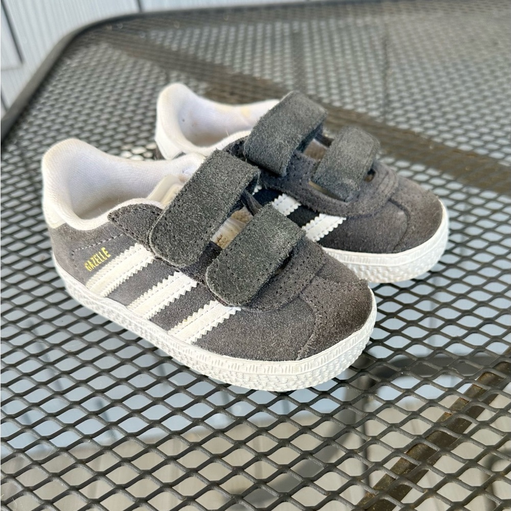 Adidas Gazelle Kids Charcoal and White Velcro Sneakers
